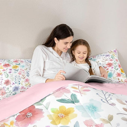 Erosebridal Cute Floral Queen Comforter Set,Red Purple Flower Bedding Sets for Kids Girls Women,Colorful Boho Wildflower Bed Set,Country Cottage Core Flowers Room Decor,2 Pillowcases Breathable