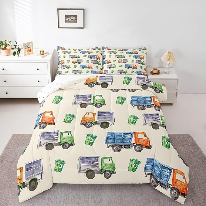 Erosebridal Garbage Trucks Comforter Set Queen 3Pcs Retro Watercolor Garbage and Trash Truck Bedding for Boys Girls Refuse Classification Trash Vehicles Duvet Set with 2 Pillow Cases