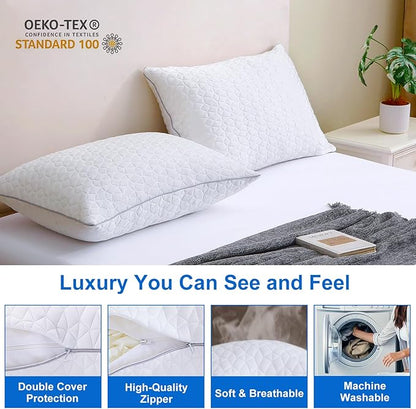 Cooling Pillows Queen Size Set of 2, Shredded Memory Foam Pillows, Adjustable Firm Bed Pillows Cool Cold Pillow for Hot Side Back Stomach Sleepers with Removable Washable Cover, 20" x 30", White