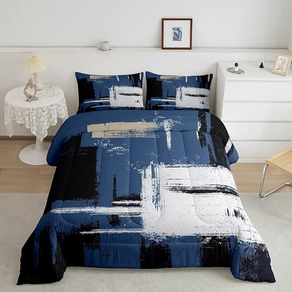Feelyou Abstract Bedding Set Comforter Set for Kids Boys Girls Teens Room Decor Modern Abstract Art Comforter Blue Black Grey Duvet Set 3Pcs Full Size