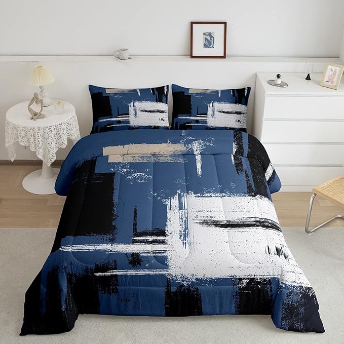 Feelyou Abstract Bedding Set Comforter Set for Kids Boys Girls Teens Room Decor Modern Abstract Art Comforter Blue Black Grey Duvet Set 3Pcs King Size