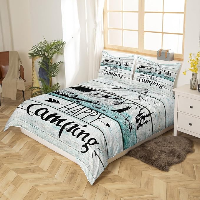 Castle Fairy RV Happy Camping Comforter Cover,Natural Mountain Pine Tree Duvet Cover for Girls Teens Decorative Bedroom,Farmhouse Rustic Camper Polyester Quilt Cover with 2 Pillowcases, Full Size