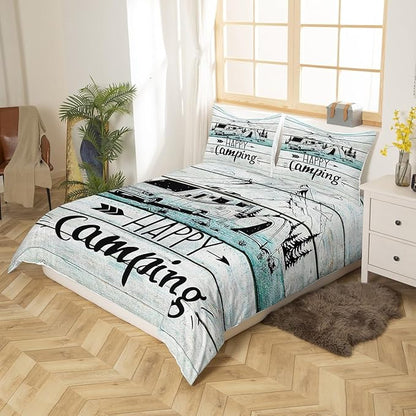 RV Happy Camping Duvet Cover Set King Size,Natural Mountain Pine Tree Comforter Cover with 2 Pillowcases Bedspread,Farmhouse Rustic Camper Microfiber Quilt Cover for Adult Women,3pcs