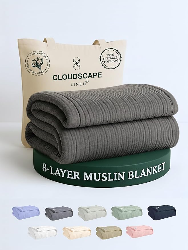 Cloud Scape Linen 8-Layer Muslin Blanket King Size for Adult - 100% Cotton, Breathable and Soft, Perfect Winter Cozy Blanket, Fits up to California King Bed, 92x108, Dark Grey