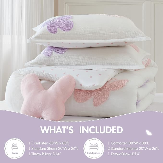 Intelligent Design Kids Rio Twin Comforter Set – Girls’ Reversible Tufted Chenille Bedding with Pastel Purple Butterflies and Pink Dot, 3pcs