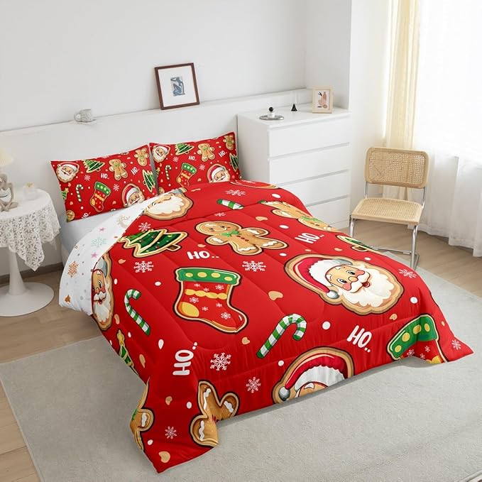 Erosebridal Santa Claus Comforter Set Full,Cute Gingerbread Man Bedding for Kids Child Teens,Cartoon Christmas Tree Snowflake Comforter Sets,Red Green Xmas Duvet Insert with 2 Pillowcases