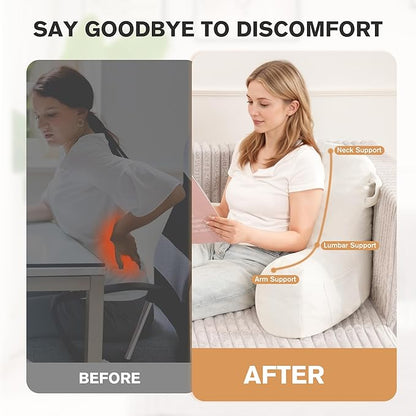 Portable Comfy Reading Pillows for Bed Sitting Up(Beige Oeko-Tex), Velvet Back Pillow with Arms & Pockets for Adults, Support Memory Foam Bed Pillow for Dorm/Reading/Watching/Gaming