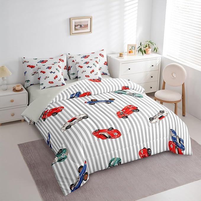 Feelyou Race Car 7 Piece Bedding Set King Size Cartoon Cute Car Comforter Set with Sheets for Kids Boys Girls Speed Sports Bed in a Bag Extreme Sports Bed Set Soft Lightweight