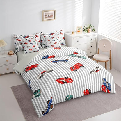 Feelyou Race Car 7 Piece Bedding Set Queen Size Cartoon Cute Car Comforter Set with Sheets for Kids Boys Girls Speed Sports Bed in a Bag Extreme Sports Bed Set Soft Lightweight