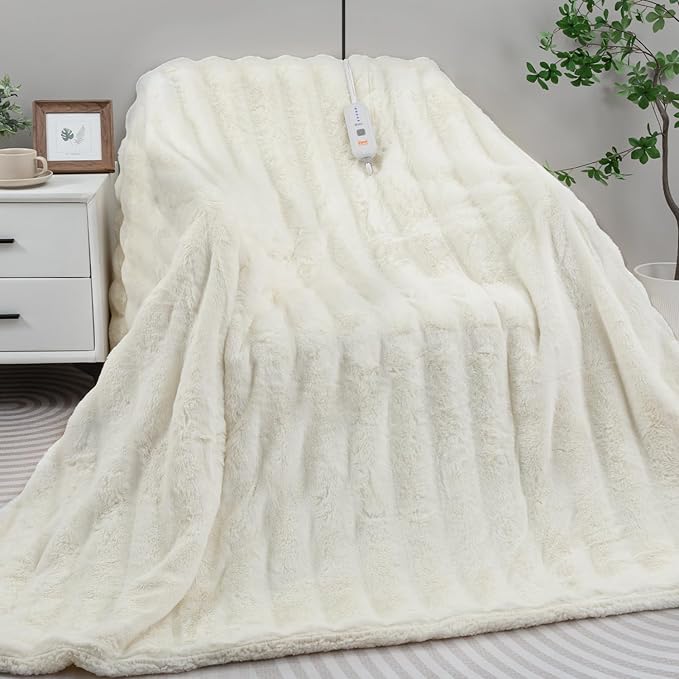 Heated Blanket Electric Twin- 62"x84" Soft Thick Faux Fur Electric Blanket for Sofa with 5 Heat Levels & 4 Hours Auto-Off Overheat Protection, Warm Cozy Gifts, Cream