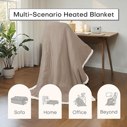 Electric Heated Blanket Twin Size 62"x84" - Dual-Sided with Microplush & Sherpa Fabric, 4 Heat Settings & 10 Hours Auto Off, Machine Washable - Light Brown