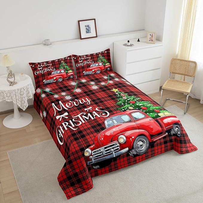 Erosebridal Christmas Comforter Set for Men & Women - Merry Christmas Truck Duvet Insert, Black & Red Grid Checkered Down Comforter with 2 Pillowcases - Warm & Cozy for Holidays