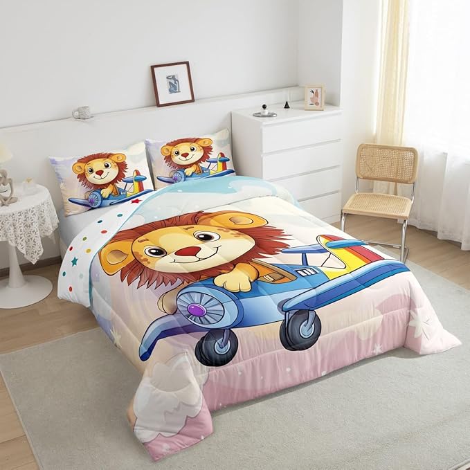 Kawaii Lion Comforter Set King Size Cartoon Aircraft Bedding Set Bedroom Decor Cute Wildlife Animal Quilt Set for Kids Boys Girls Pastel Clouds Sky Duvet Insert 3Pcs