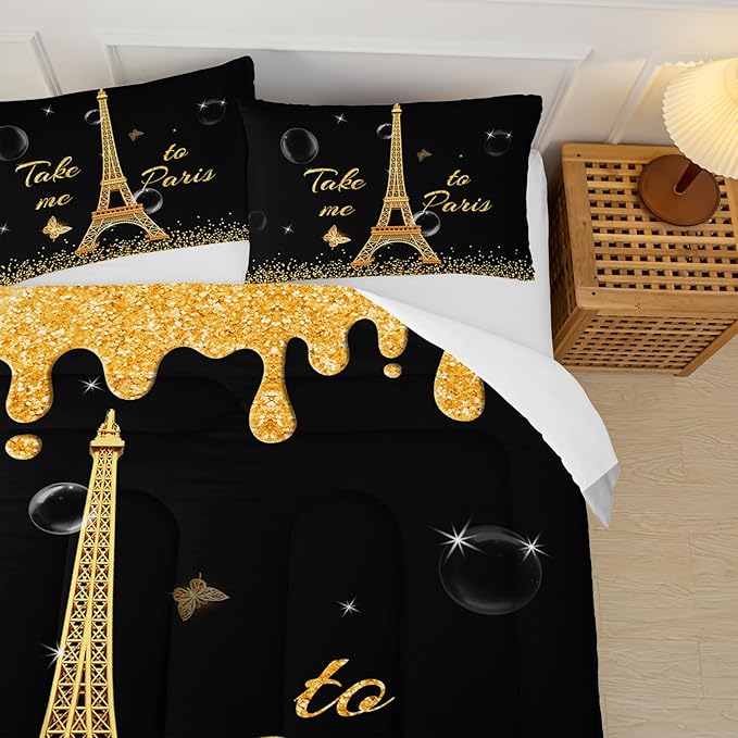 Black Gold Paris Eiffel Tower Comforter Set,Romantic Paris Queen Comforter Set for Women Couple,Girls Butterfly Eiffel Tower Print Bedding Set,Modern French Paris Quilt Set