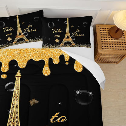 Black Gold Paris Eiffel Tower Comforter Set,Romantic Paris Queen Comforter Set for Women Couple,Girls Butterfly Eiffel Tower Print Bedding Set,Modern French Paris Quilt Set