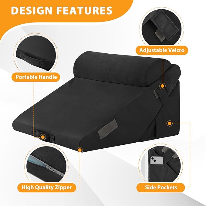 3PCS Wedge Pillow Set for After Surgery, Adjustable 9&12 Inch Bed Wedge Pillow for Sleeping, Incline Pillow Wedge for Headboard, Post Surgery, Acid Reflux, Neck&Back Support, Plush Black
