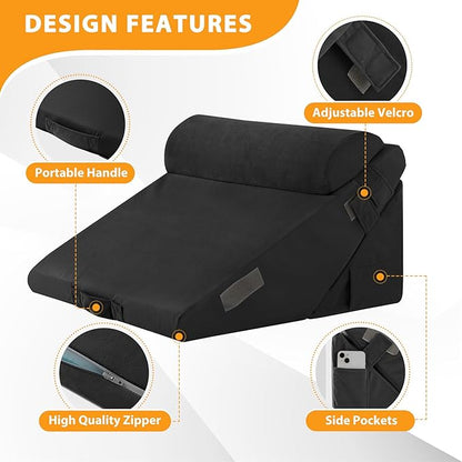 3PCS Wedge Pillow Set for After Surgery, Adjustable 9&12 Inch Bed Wedge Pillow for Sleeping, Incline Pillow Wedge for Headboard, Post Surgery, Acid Reflux, Neck&Back Support, Plush Black