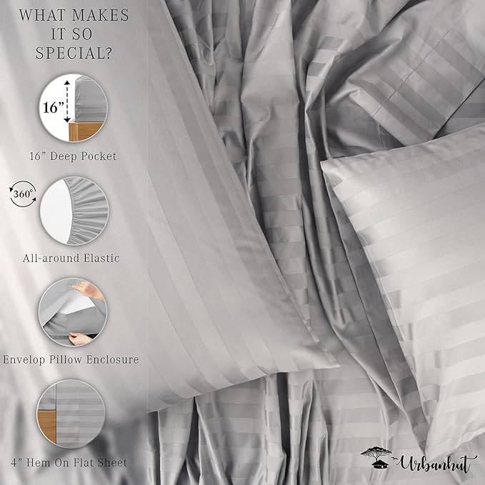 URBANHUT 1000 Thread Count Egyptian Cotton Sheets Damask Striped Full Size, Breathable Long Staple, 4 Pc Bed Sheet Sets, Luxury Hotel Sateen Finish Sheets Fits 16" Deep Pocket - Silver Grey