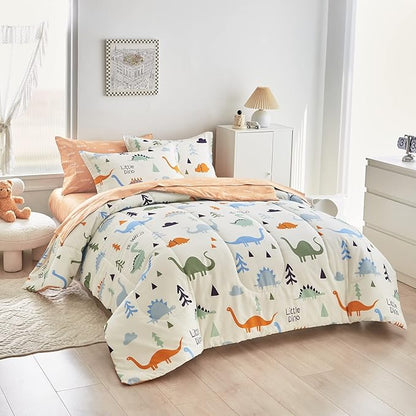 Joyreap Bed in a Bag Cotton, Dinosaur Reversible Design, Queen Size 7-Piece Cotton Bedding Comforter Set for Kids Boys n Girls- 1 Comforter, 2 Pillow Shams, 1 Flat Sheet, 1 Fitted Sheet, 2 Pillowcases