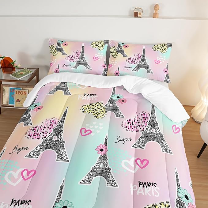 HOSIMA Eiffel Tower Comforter Rainbow Bedding Sets 3Pieces,Lovers Sweet Couple Paris Bedroom Comforter Set,Leopard Print Heart Full Size Comforter Sets Modern French Style Girls Bedroom Decor.