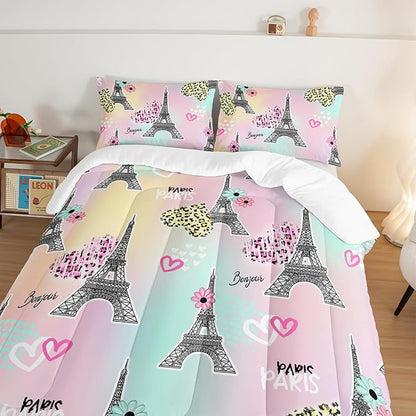 HOSIMA Eiffel Tower Comforter Rainbow Bedding Sets 3Pieces,Lovers Sweet Couple Paris Bedroom Comforter Set,Leopard Print Heart Queen Size Comforter Modern French Style Girls Bedroom Decor.