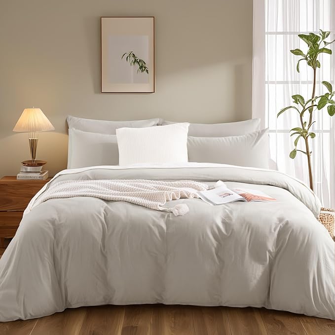 NEXHOME PRO Duvet Cover Twin Size, 100% Washed Cotton Orgnic Linen Like Textured Breathable Durable Comfy, Cream Grey