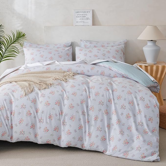 Queen Floral Duvet Cover Set Luxury Soft Brushed Microfiber Crinkle Gauze Fabric 3 Pieces Bedding Set Flower Pattern Queen Duvet Cover with Zipper Closure Breathable Comfy