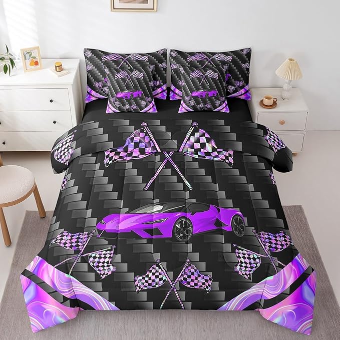 Feelyou Purple Race Car 7 Piece Bedding Set Twin Size Extreme Sports Comforter Set with Sheets for Kids Teens Adult Fast and Furious Bed in a Bag Dazzling Flag Bed Set