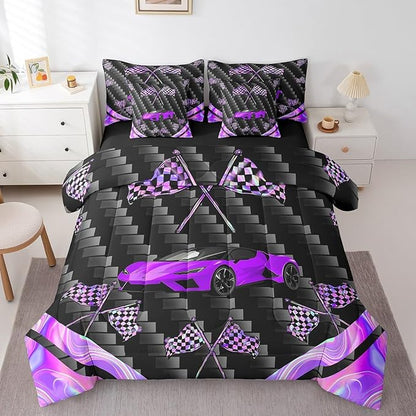 Feelyou Purple Race Car 7 Piece Bedding Set King Size Extreme Sports Comforter Set with Sheets for Kids Teens Adult Fast and Furious Bed in a Bag Dazzling Flag Bed Set