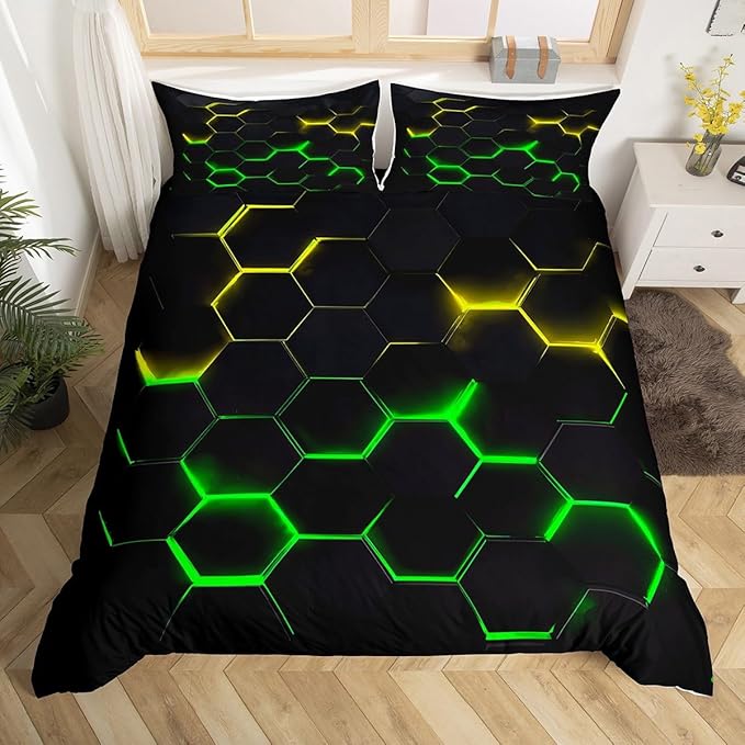 Honeycomb Bedding Duvet Cover Full Size Hexagon Bed Cover for Kids Teen Boys Girls Bedroom Decor Yellow Neon Lights Bed Cover Chic Creative Bedding Cover 3Pcs with 2 Pillowcase, Black