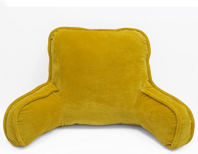 Super Soft Velvety Backrest Reading Bed Rest Pillow with Arms and Pockets 18" H for Sitting in Bed Couch Sofa, Back Support Wedge Cushion with Removable Cover, 20" x 18" x17", Mustard Yellow