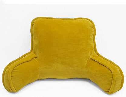 Super Soft Velvety Backrest Reading Bed Rest Pillow with Arms and Pockets 18" H for Sitting in Bed Couch Sofa, Back Support Wedge Cushion with Removable Cover, 20" x 18" x17", Mustard Yellow