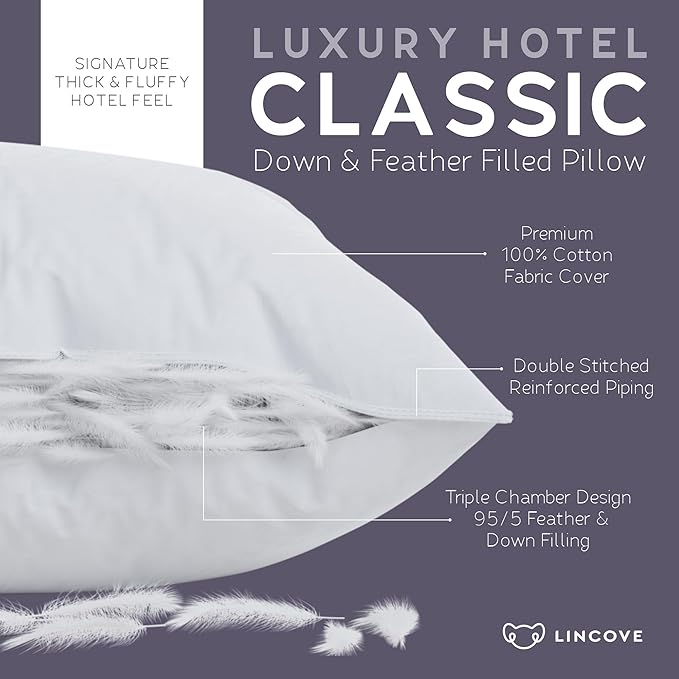 Lincove Down and Feather Luxury Hotel Collection Bed Pillows for Sleeping Made in The USA - 100% Cotton Shell, 600 Thread Count - Soft Hypoallergenic (Queen Size, Pack of 2)
