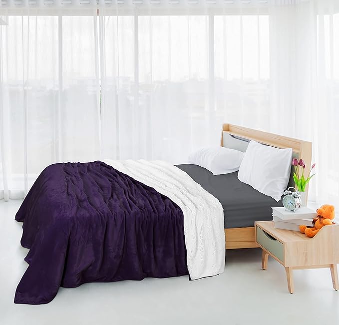 Utopia Bedding Sherpa Blanket Throw Size (Plum, 50x60 Inches) - Soft Lightweight Plush Fleece Reversible Blanket for Bed, Sofa, Couch, Camping and Travel