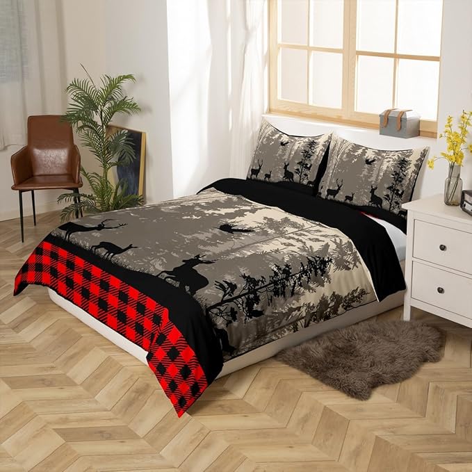 Deer Trees Silhouette Duvet Cover Queen for Children,Retro Red Black Check Plaid Bedding Set Modern Room Gift,Rustic Bird Moon Print Comforter Cover with 2 Pillowcases, Ultra Soft Bed Spread