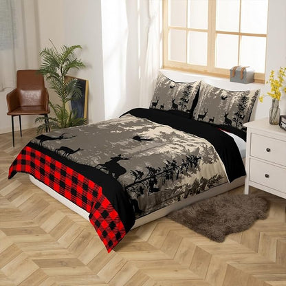 Deer Trees Silhouette Duvet Cover Queen for Children,Retro Red Black Check Plaid Bedding Set Modern Room Gift,Rustic Bird Moon Print Comforter Cover with 2 Pillowcases, Ultra Soft Bed Spread