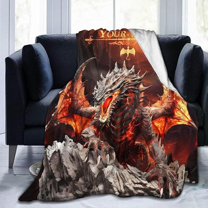 Custom Dragon Blanket with Name for Women Men, Personalized Cute Dragon Themed Design Printed Throw Blankets for Teens Adults Couch Bed, Giftable Blanket, 60"x 80"