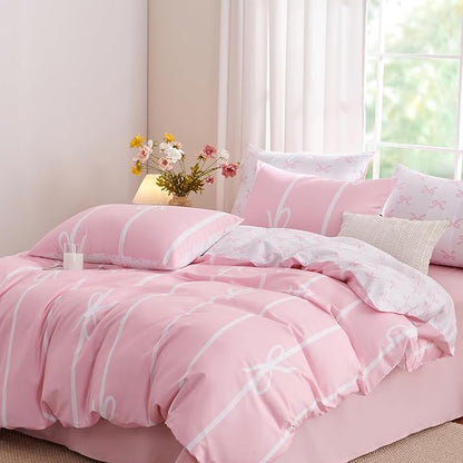Pink Bow Duvet Cover King Coquette Bedding Set for Girls Kids Cute Princess Style Bowknot Bedding Ultra Soft Microfiber Duvet Cover Set with 2 Pillowcases(No Comforter)