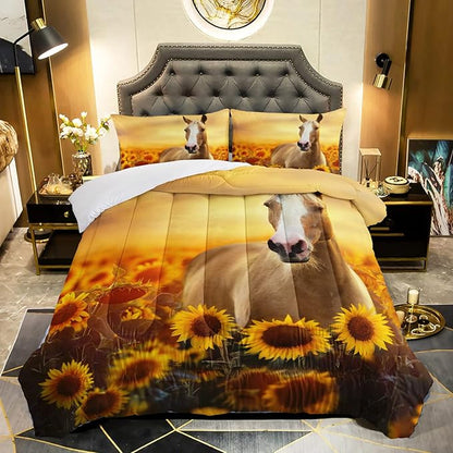 QOOMO Horse Comforter Twin Size,Sunflower Horse Comforter Set for Kids Teens Girls Boys,3Pcs Bedding Set Printed Comforter with 2 Pillowcases,Soft and Lightweight，Twin Size