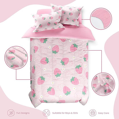 SANDJEST Strawberry Comforter Set Full Size 98x86in for Kids Girls, Microfiber 4 Pcs Bedding Set Includes 1 Comforter, 2 Pillowcases, 1 Fitted Sheet, Nursery Room Decor