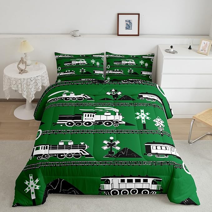 Erosebridal Boys Train Queen Comforter Set Cartoon Car Toddler Bedding, Traffic Transportation Track Bedding Comforter Sets Vintage Steam Engine Railway Decor Quilt Set Room 3Pcs, Green White Black