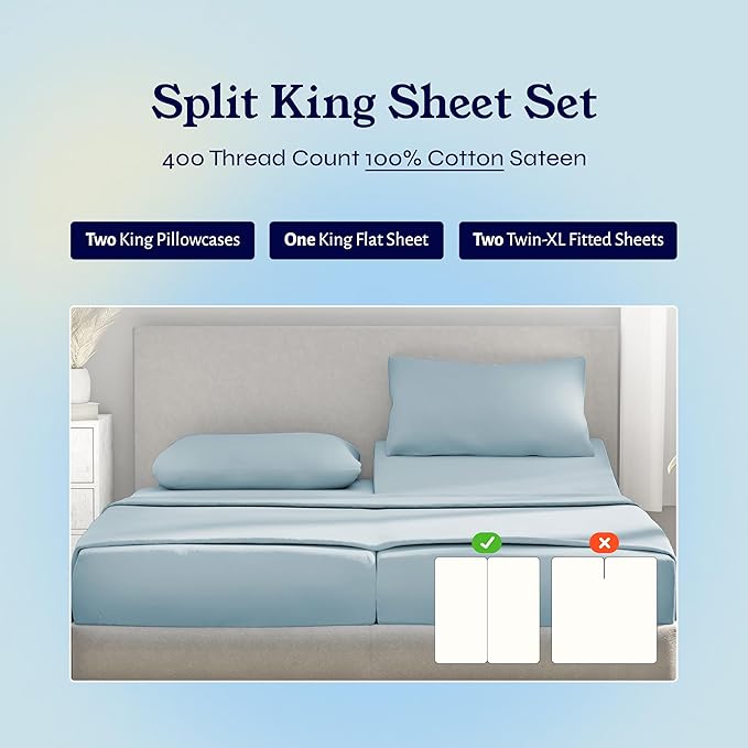 California Design Den Split King Sheets Sets for Adjustable Bed - Soft 400 Thread Count Sateen, Natural 100% Cotton Sheets with Deep Pockets, Breathable, and Durable Bedding Set - Sky Blue