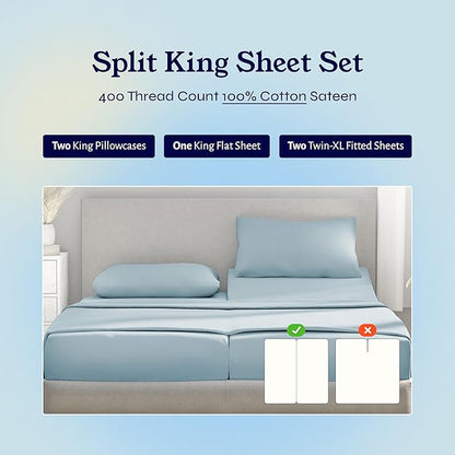 California Design Den Split King Sheets Sets for Adjustable Bed - Soft 400 Thread Count Sateen, Natural 100% Cotton Sheets with Deep Pockets, Breathable, and Durable Bedding Set - Sky Blue