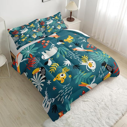 Kids Zoo Animal Queen Bedding Sets, Cartoon Wild Animals Comforter Set Safari Animals Print Comforter for Boys Girls Children Teens Bedroom Decor with 1 Comforter and 2 Pillowcases