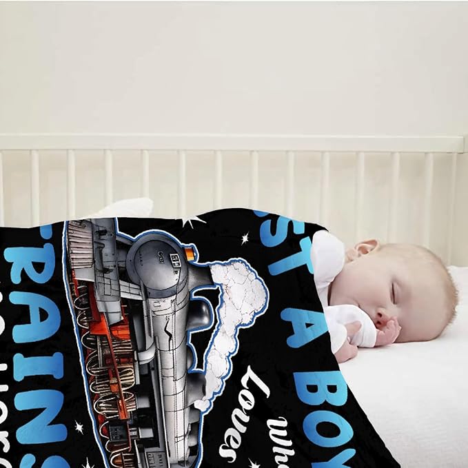 Boy Who Loves Trains Blanket Custom Train Blankets for Boys Men Flannel Cozy Quilt Gift for Train Lovers for Beding Sofa Couch-40x30 Inches