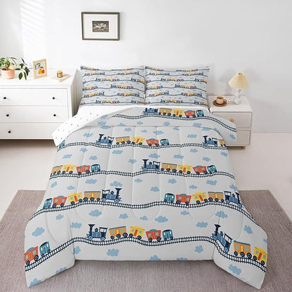 Erosebridal Train Bedding Sets Navy Locomotive Train Comforter Set King,Cartoon Steam Engine Down Comforter for Kids Toddler Cute Clouds Transportation Cars Duvet Insert with 2 Pillowcases