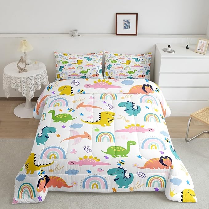 Feelyou Boys Dinosaur Toddler Bedding Sets Queen Size Girls Colorful Dinosaurs Comforter Set Cute Cartoon Dino Rainbow Down Comforter Quilt Kids Room Decor Reversible Stars Bed Set for All Seasons