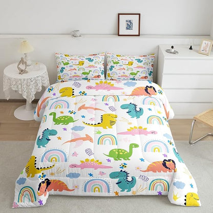 Feelyou Boys Dinosaur Toddler Bedding Sets Queen Size Girls Colorful Dinosaurs Comforter Set Cute Cartoon Dino Rainbow Down Comforter Quilt Kids Room Decor Reversible Stars Bed Set for All Seasons