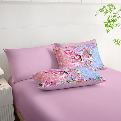 Butterfly Comforter Set (7 Piece) - Queen Size, Floral Pink Purple Bedding, Girls/Teens, Soft Microfiber, Sheets/Pillowcases Included