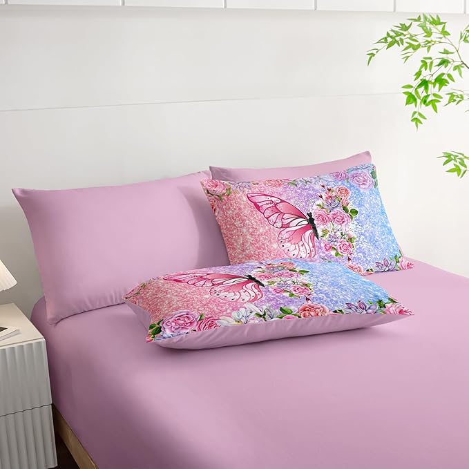Butterfly Comforter Set (7 Piece) - Twin Size, Floral Pink Purple Bedding, Girls/Teens, Soft Microfiber, Sheets/Pillowcases Included